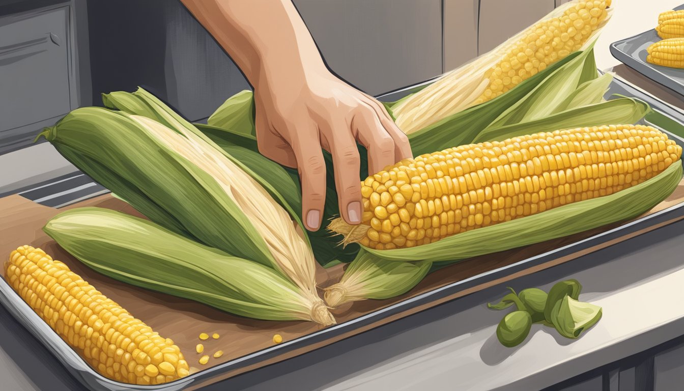 A hand reaching for a corn on the cob tray, surrounded by fresh corn, husks, and a clean kitchen towel