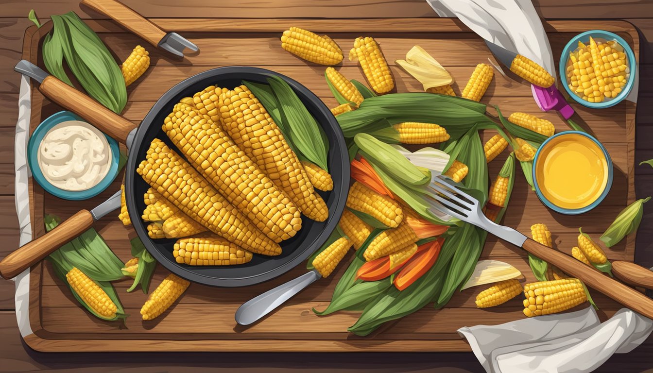 A rustic wooden tray holds grilled corn on the cob with various toppings, surrounded by colorful napkins and utensils