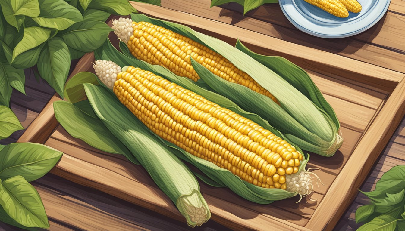 A wooden tray with freshly shucked corn on the cob sits on a picnic table, surrounded by greenery and blooming flowers