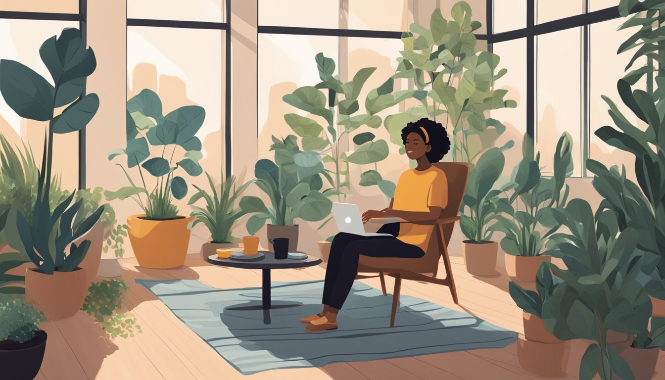 A person sitting in a peaceful, sunlit room, surrounded by plants and a cozy chair, listening to a podcast about self-improvement and healing after a breakup