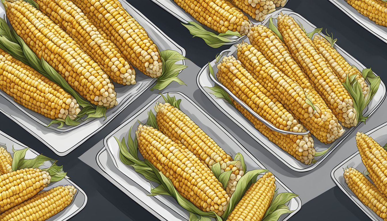 A table with rows of corn on the cob trays, each filled with freshly cooked corn and garnished with butter and seasonings