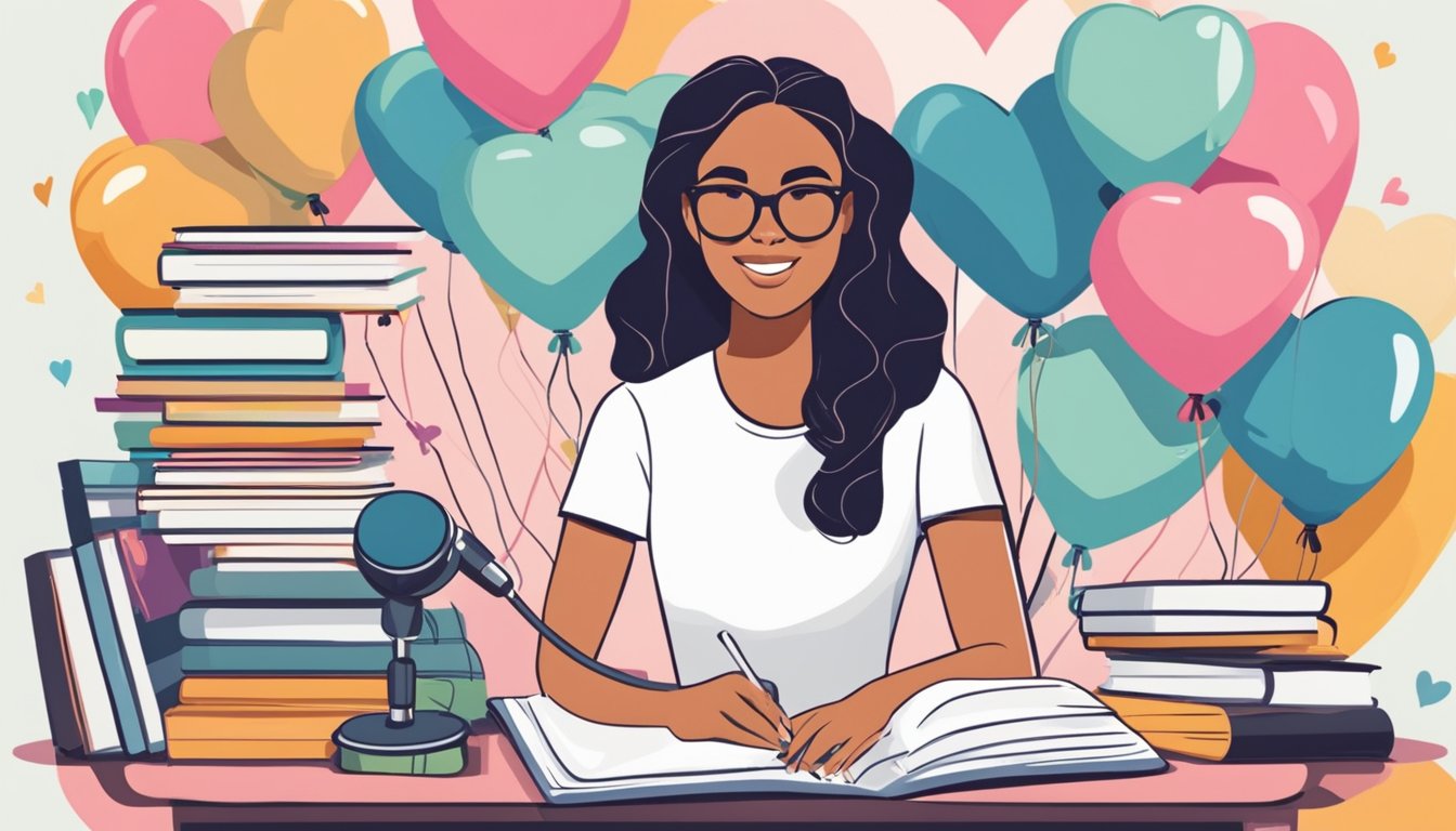 A woman sitting in front of a microphone, surrounded by heart-shaped balloons and a stack of books on relationships