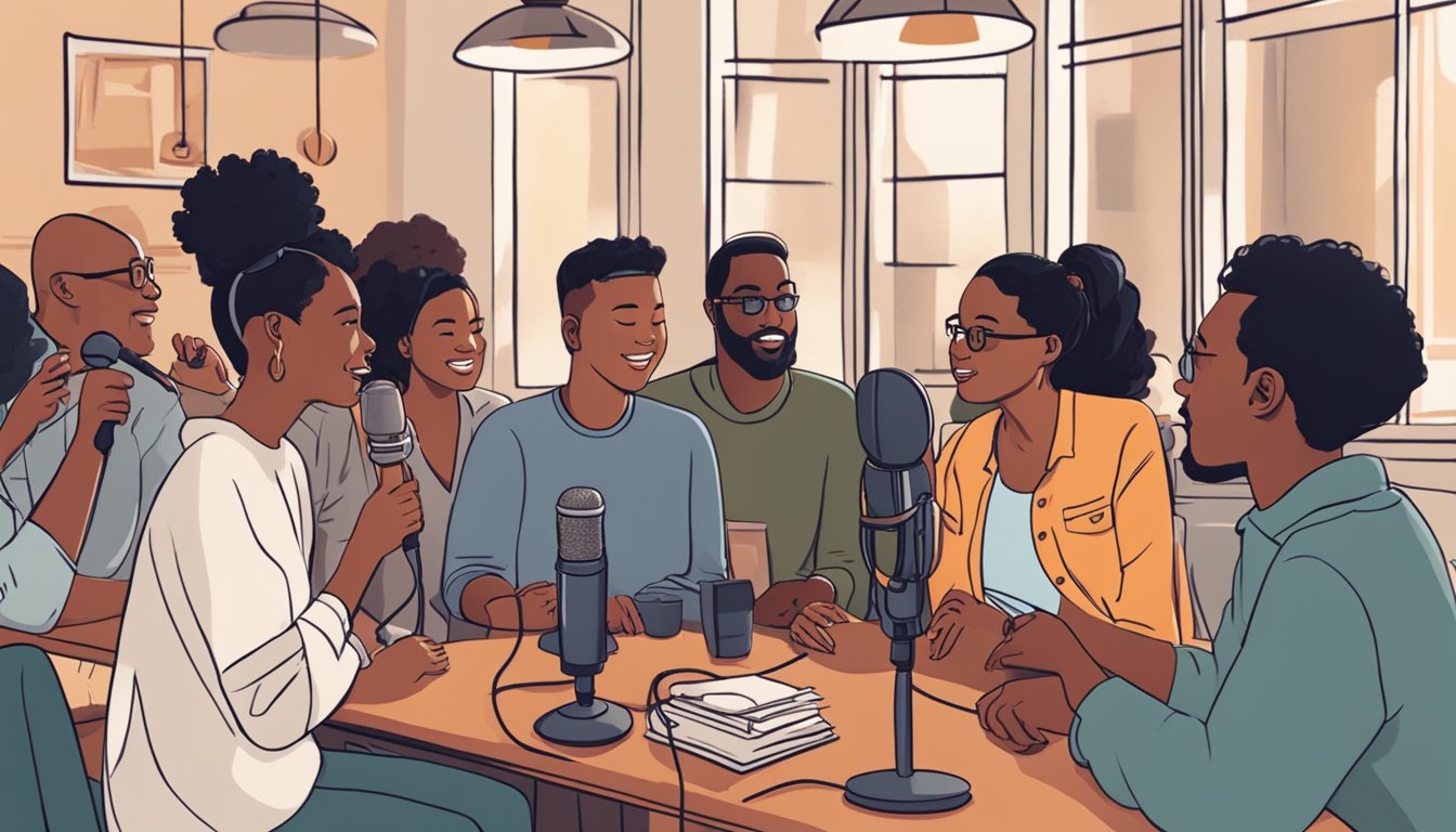 A group of diverse individuals gather around microphones in a cozy studio, sharing stories and advice on how to mend broken relationships