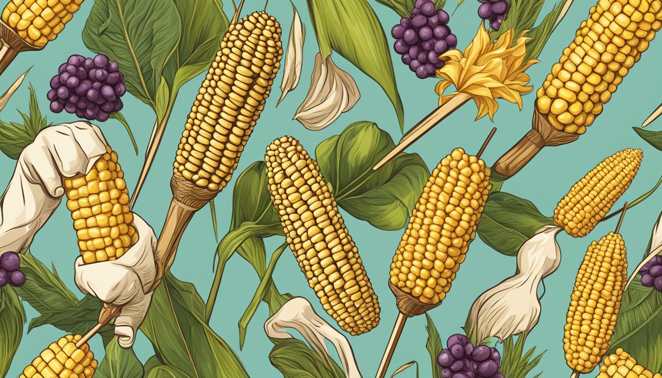 A hand reaching for a corn on the cob skewer among a variety of different designs and materials