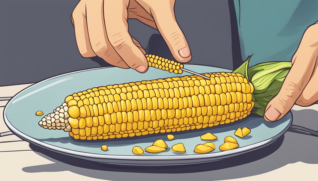 A hand holding a corn skewer piercing a cooked corn on the cob on a plate