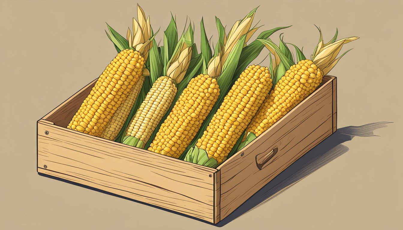 A wooden box filled with corn on the cob skewers, neatly organized and labeled for easy access