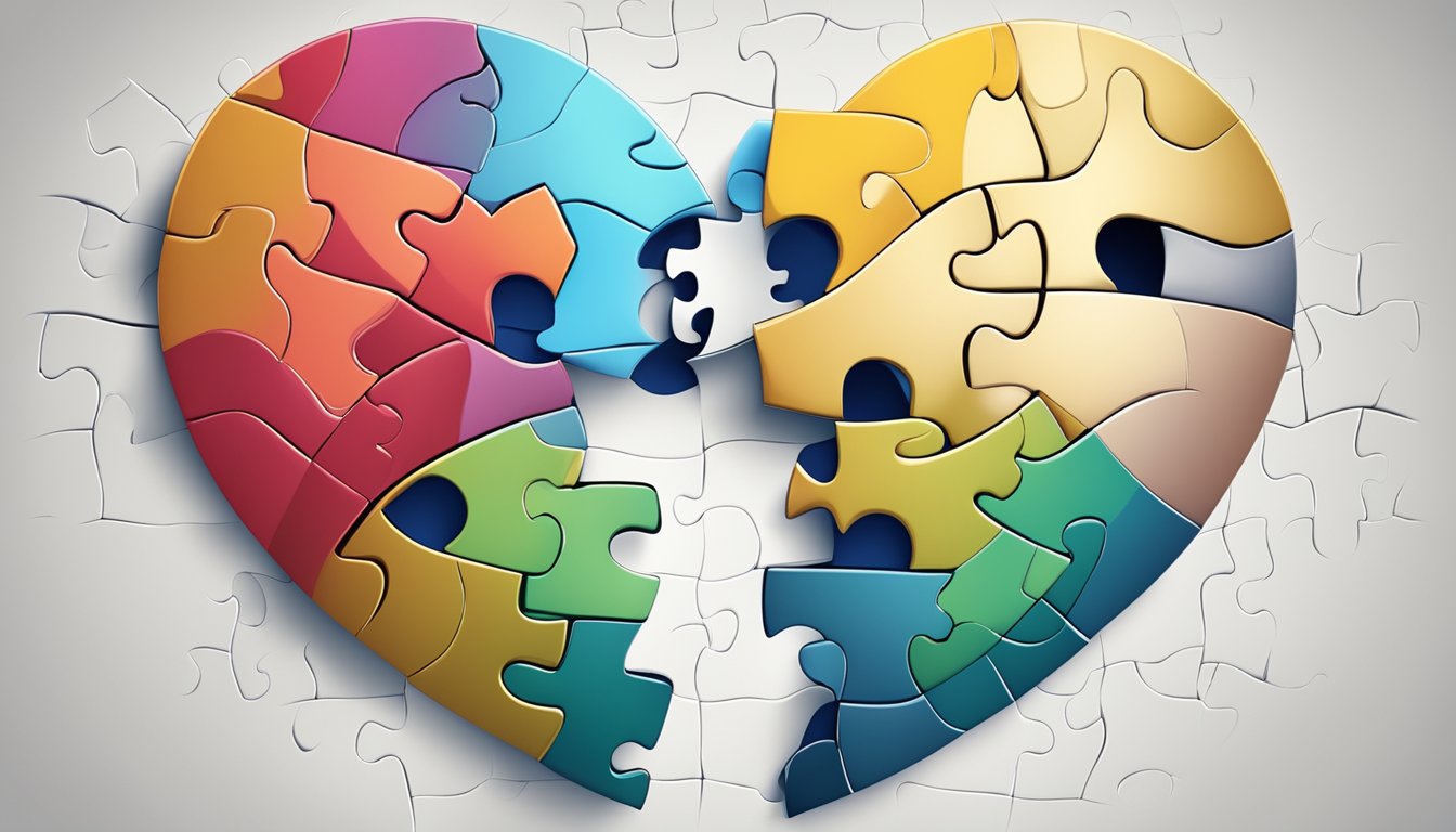 A broken heart mended with a puzzle of two halves coming together