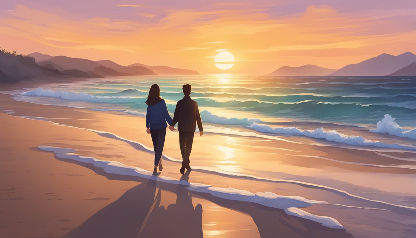 A couple walking hand in hand along a tranquil beach at sunset, with the ocean waves gently lapping at the shore