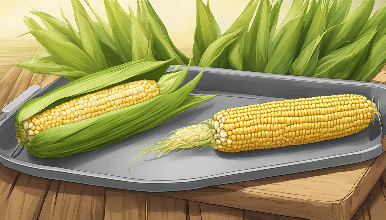 Two corn on the cob holders inserted into a cob on a tray