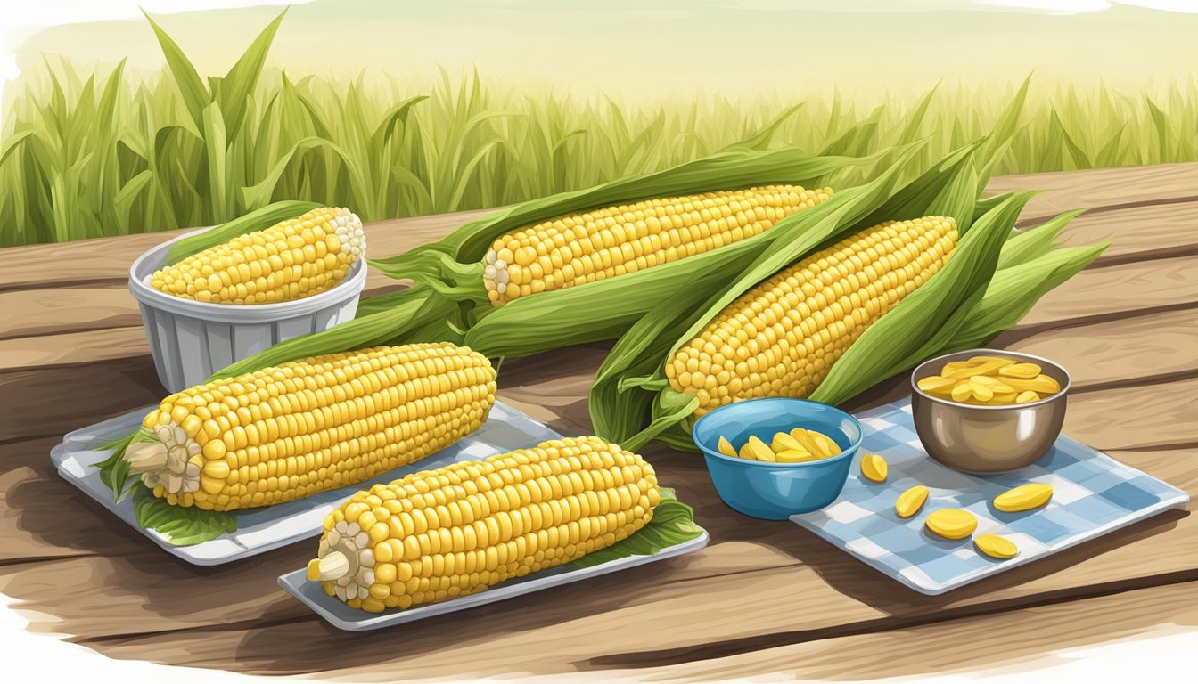 A set of corn on the cob holders and trays arranged on a picnic table