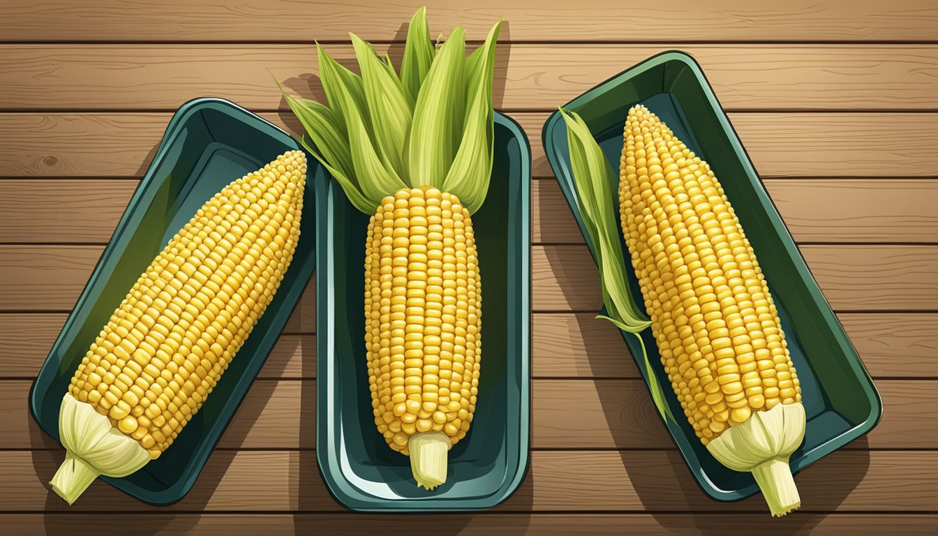 Two corn on the cob holders and trays arranged on a wooden table