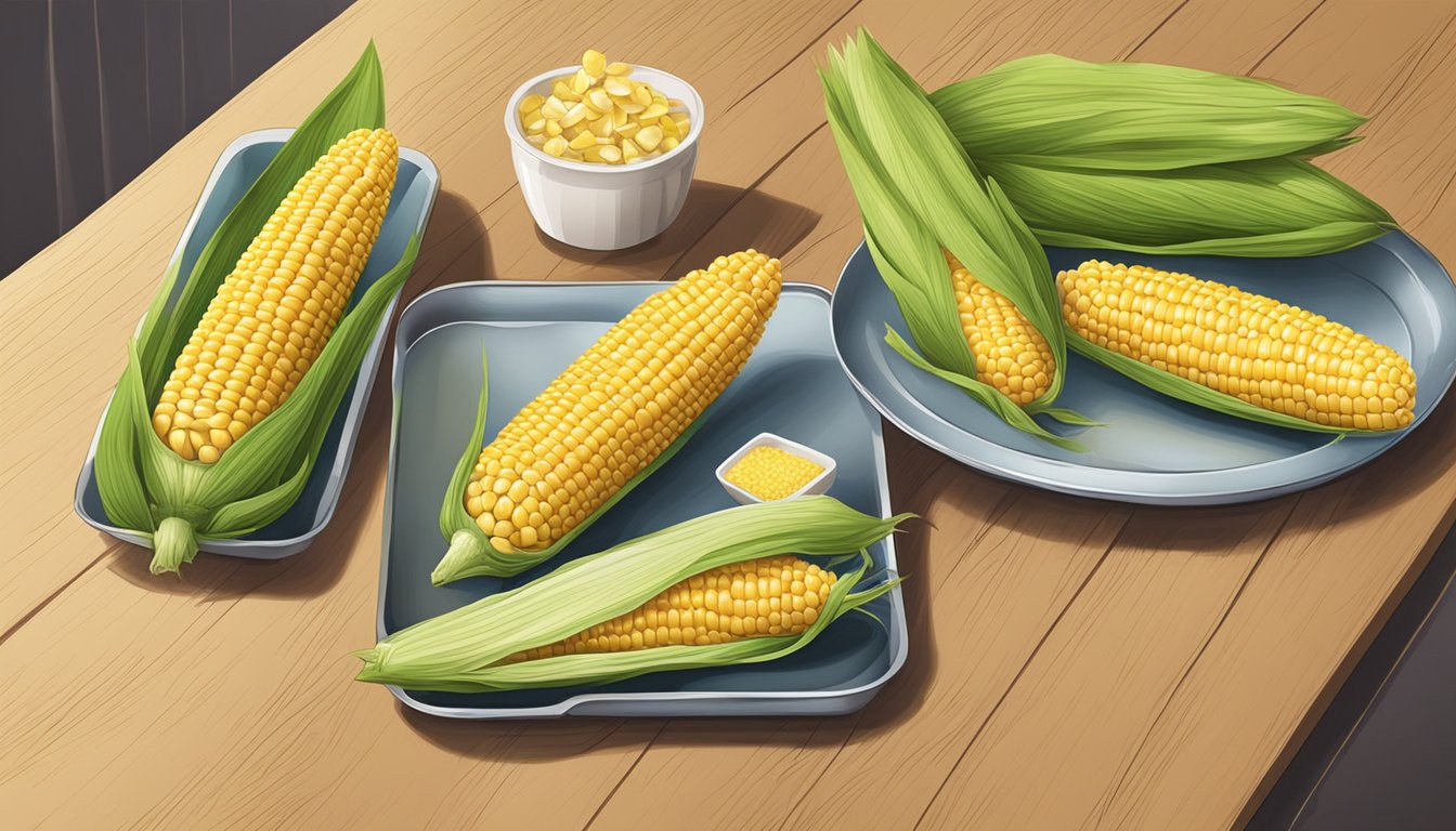 Two corn on the cob holders and trays arranged on a table