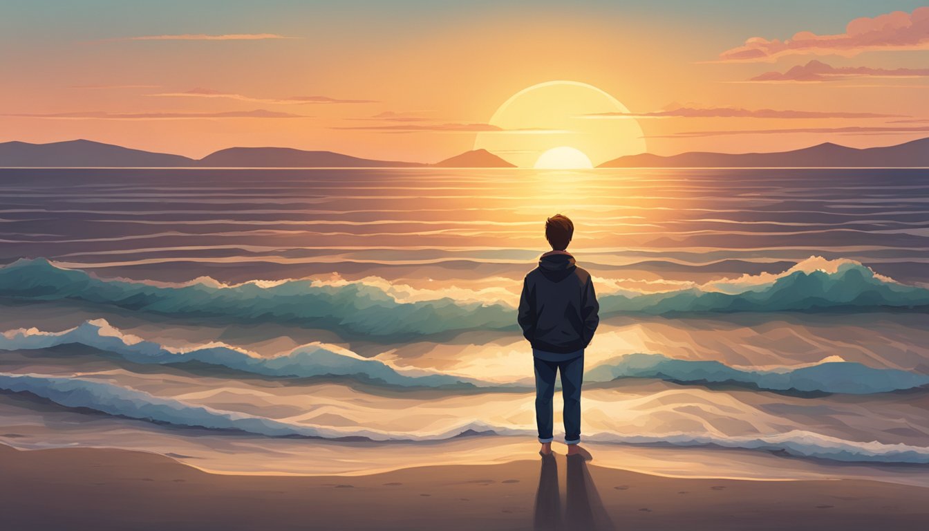 A person standing alone on a beach at sunset, gazing out at the ocean with a sense of hope and determination