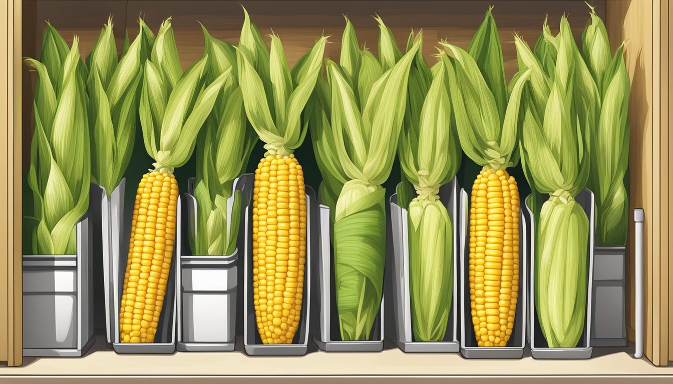 A set of corn on the cob holders and trays neatly organized in a storage container on a clean, well-maintained kitchen shelf