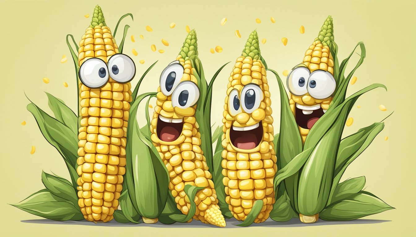 Two corn on the cob holders with comical faces, holding ears of corn, surrounded by kernels and husks