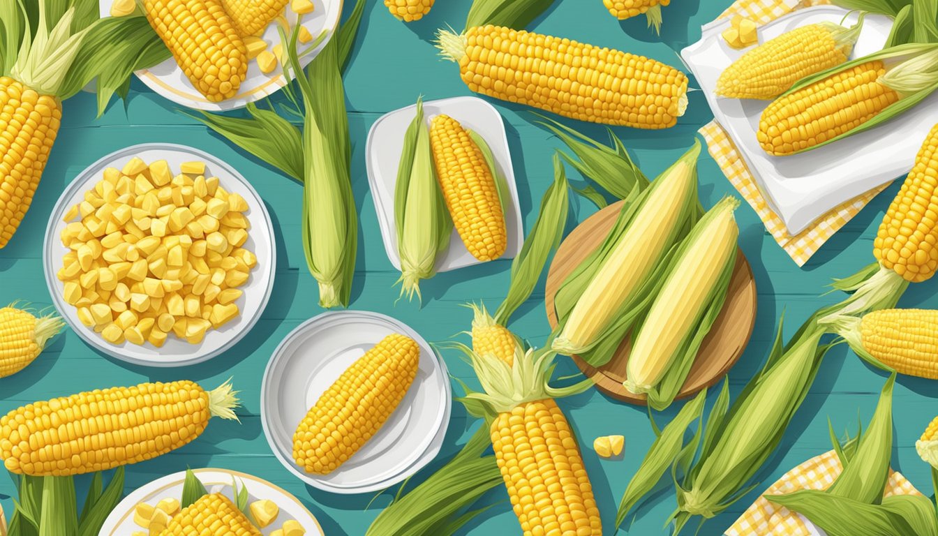 A picnic table with corn on the cob holders and trays, surrounded by colorful napkins and fresh ears of corn