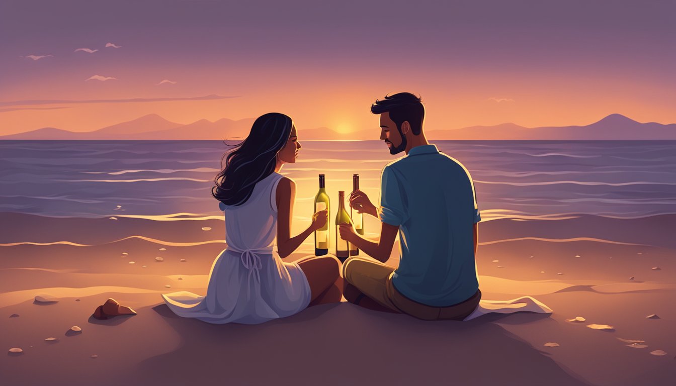 A couple sitting on a beach at sunset, holding hands and gazing into each other's eyes, surrounded by flickering candles and a bottle of wine