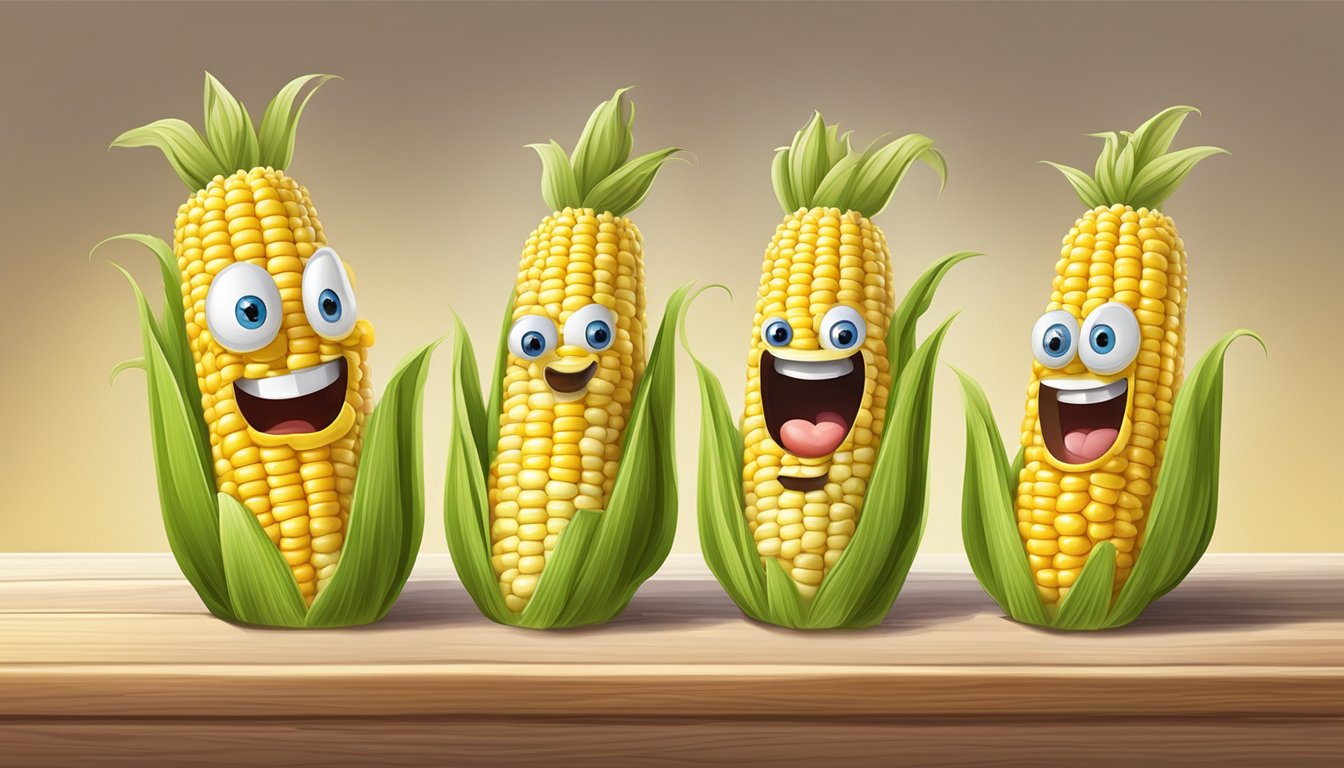 Two corn on the cob holders, with comical faces, safely secured into the ends of a fresh ear of corn