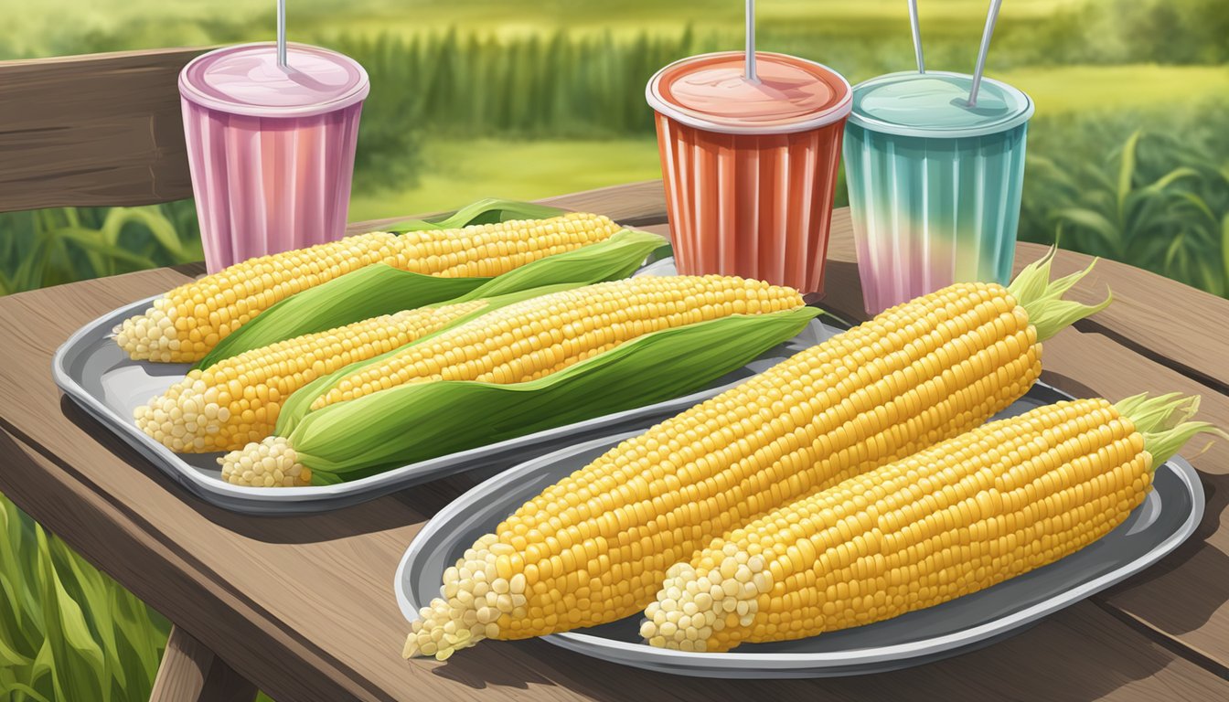 Two corn on the cob holders and a tray on a picnic table