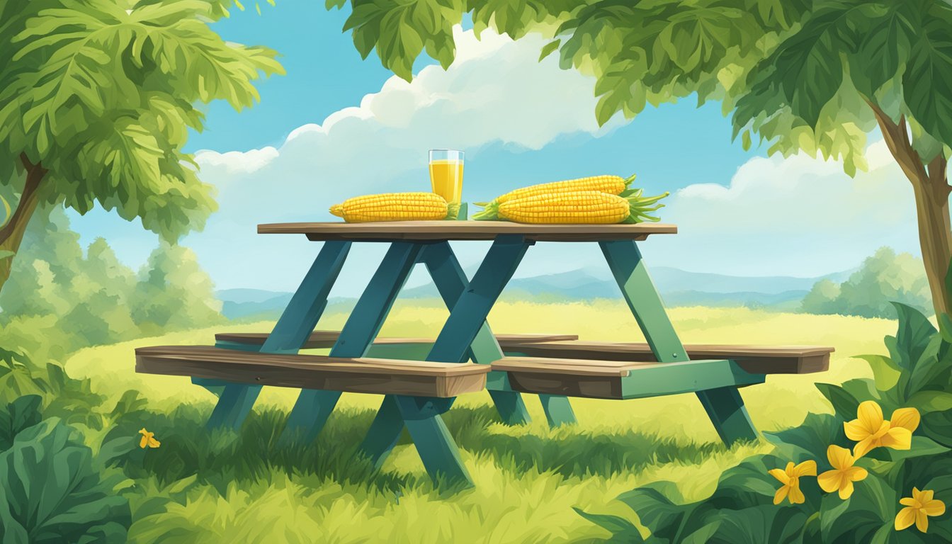 A picnic table with corn on the cob holders and trays, surrounded by lush greenery and a clear blue sky