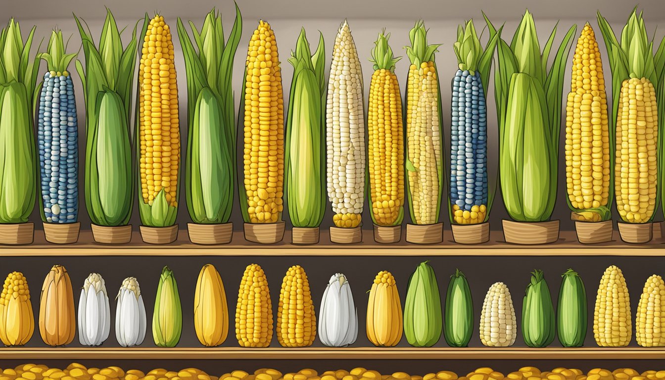 A colorful display of corn on the cob holders in various whimsical designs, arranged on a shelf at a kitchen supply store