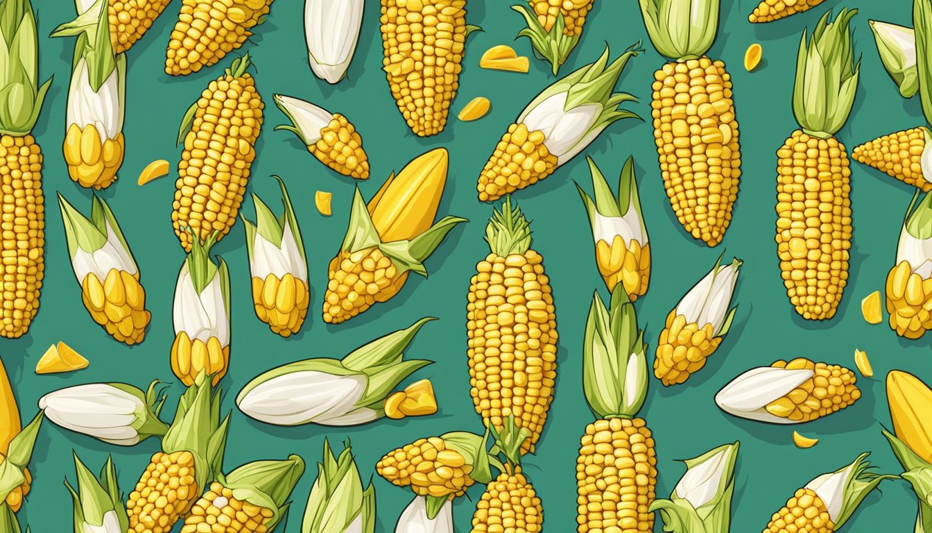 Two comical corn on the cob holders, shaped like animals, stand upright in a pile of fresh husked corn, ready for a personalized dining experience