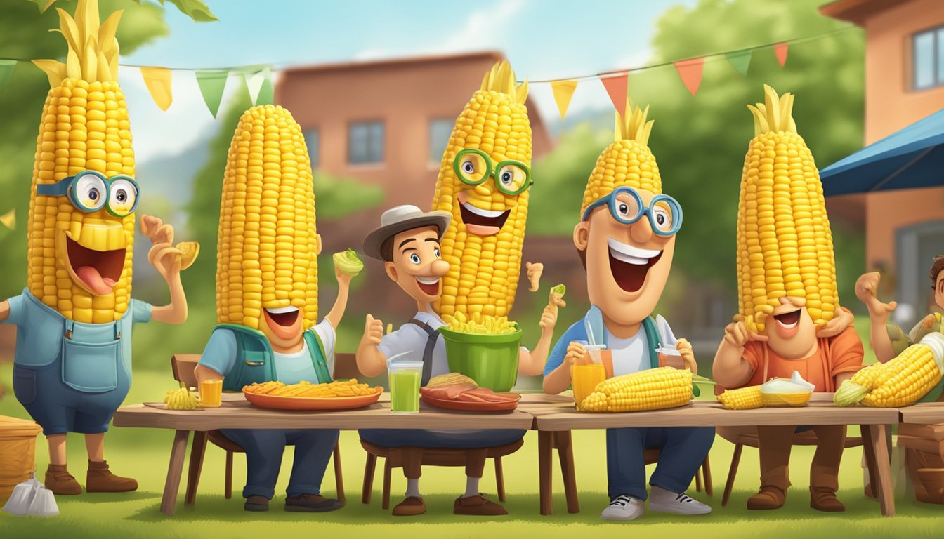 Corn on the cob holders shaped like funny characters at a lively outdoor barbecue, with people chatting and laughing in the background