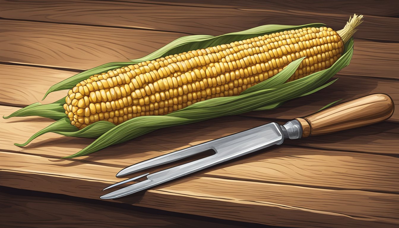 A vintage wooden corn on the cob tool with metal prongs on a rustic kitchen table