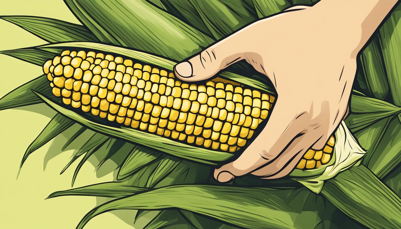 A hand holding a corn on the cob tool, with a fresh ear of corn in the background