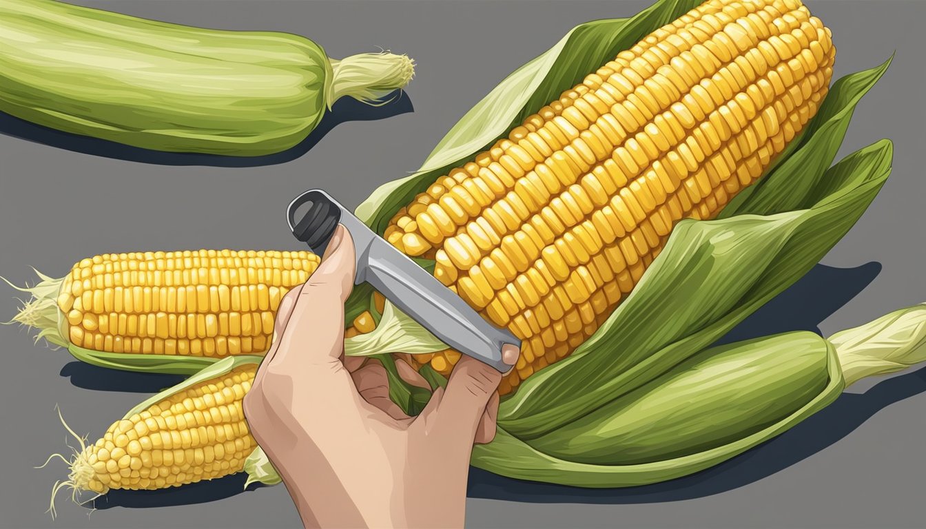 A hand holding a corn on the cob tool, inserting the prongs into the end of a corn cob