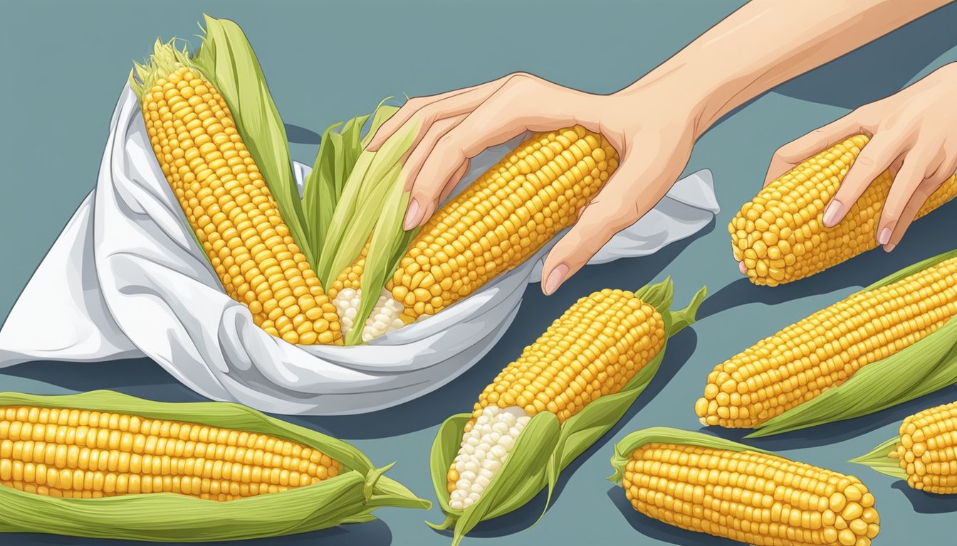 A hand holding a corn on the cob tool, wiping it clean with a cloth