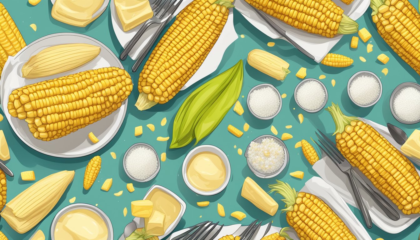 A picnic table set with butter, salt, and pepper next to a pile of freshly grilled corn on the cob