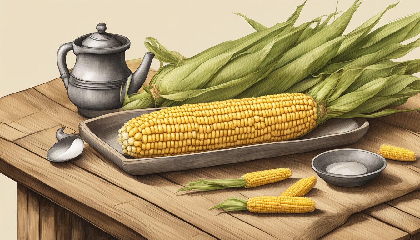 A rustic table with corn cob pipes, husks, and corn on the cob