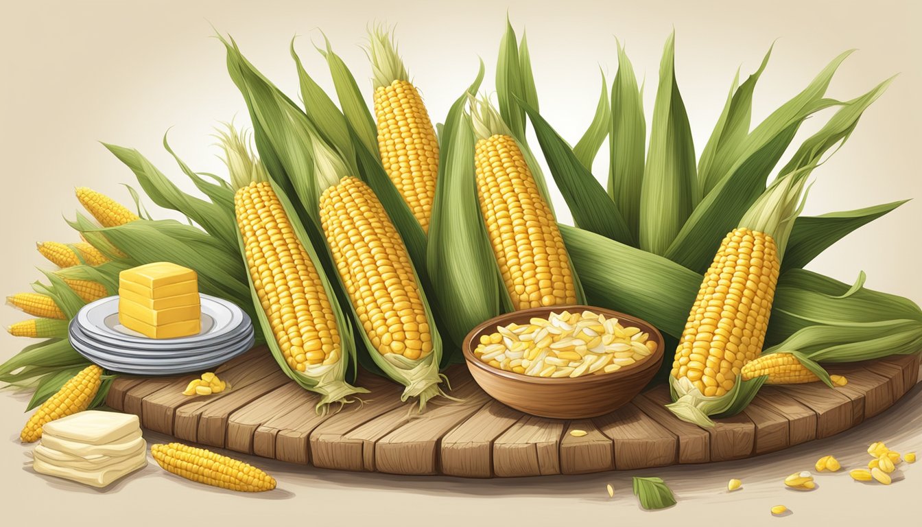 A rustic wooden table adorned with corn on the cob holders, butter dishes, and napkins, surrounded by vibrant ears of corn