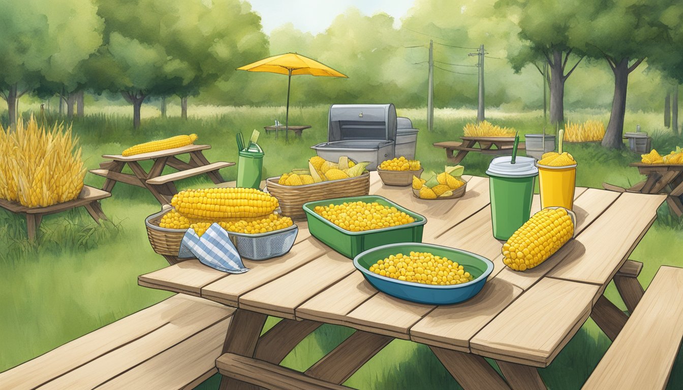 A picnic table with sustainable corn on the cob holders, reusable napkins, and eco-friendly utensils. Surrounding area shows recycling bins and compostable waste