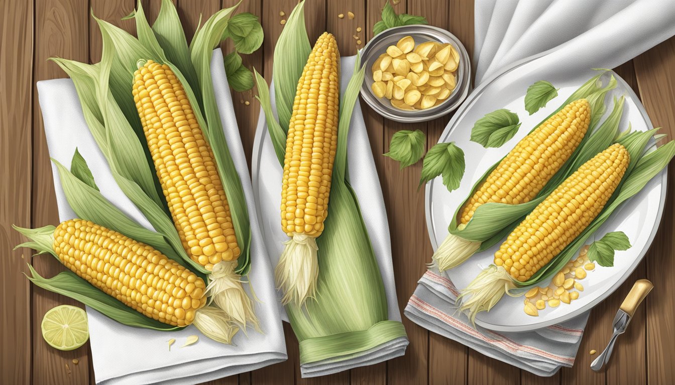 Two corn on the cob handles with unique designs and personalization, surrounded by various accessories like napkins and condiments