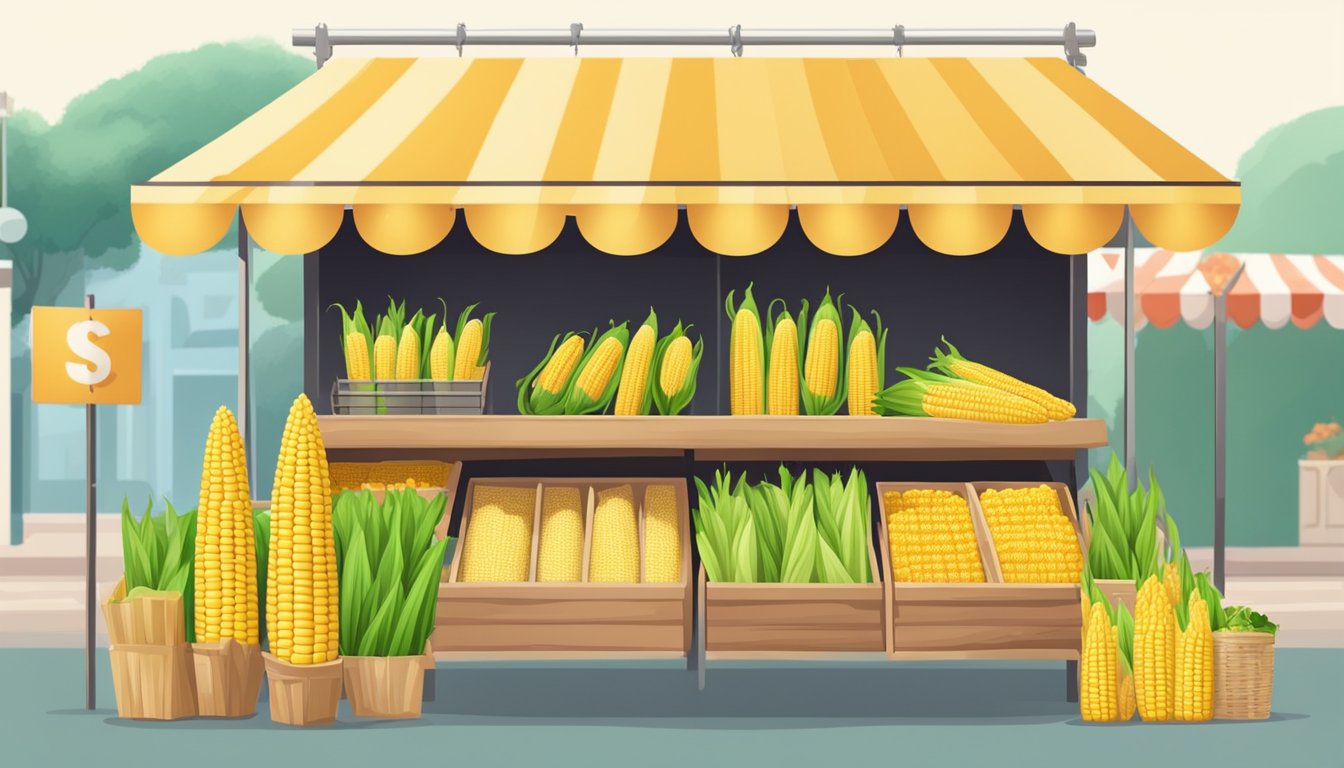 A colorful market stall displays fresh corn on the cob with convenient handles for easy shopping. Nearby, a sign offers helpful shopping tips