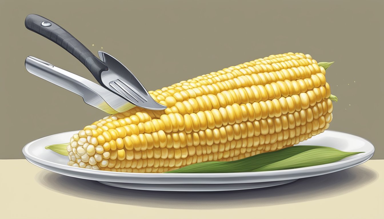 A corn on the cob sits on a plate, with a unique buttering tool hovering above, ready to apply butter in an innovative way