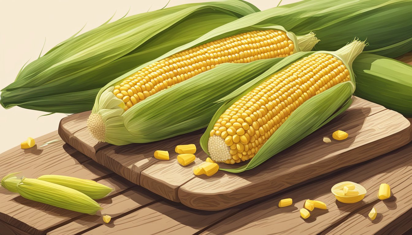 Two corn holders laying on a wooden cutting board next to a pile of fresh corn on the cob