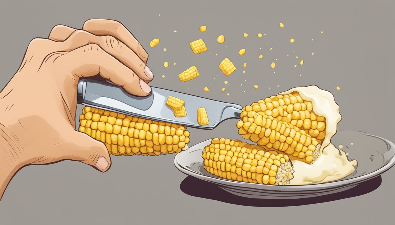 A cob of corn is being buttered by a hand, with the butter melting and dripping down the sides