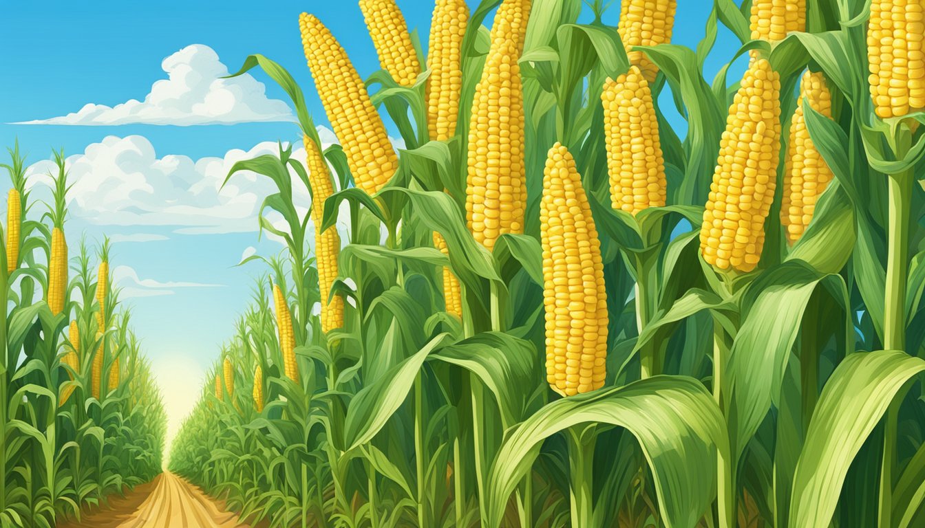 A cornfield with corn on the cob handles, surrounded by lush greenery and a clear blue sky