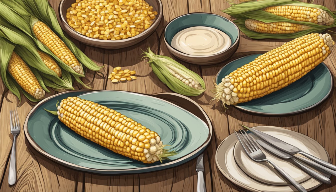 A rustic wooden table set with ceramic corn on the cob dishes