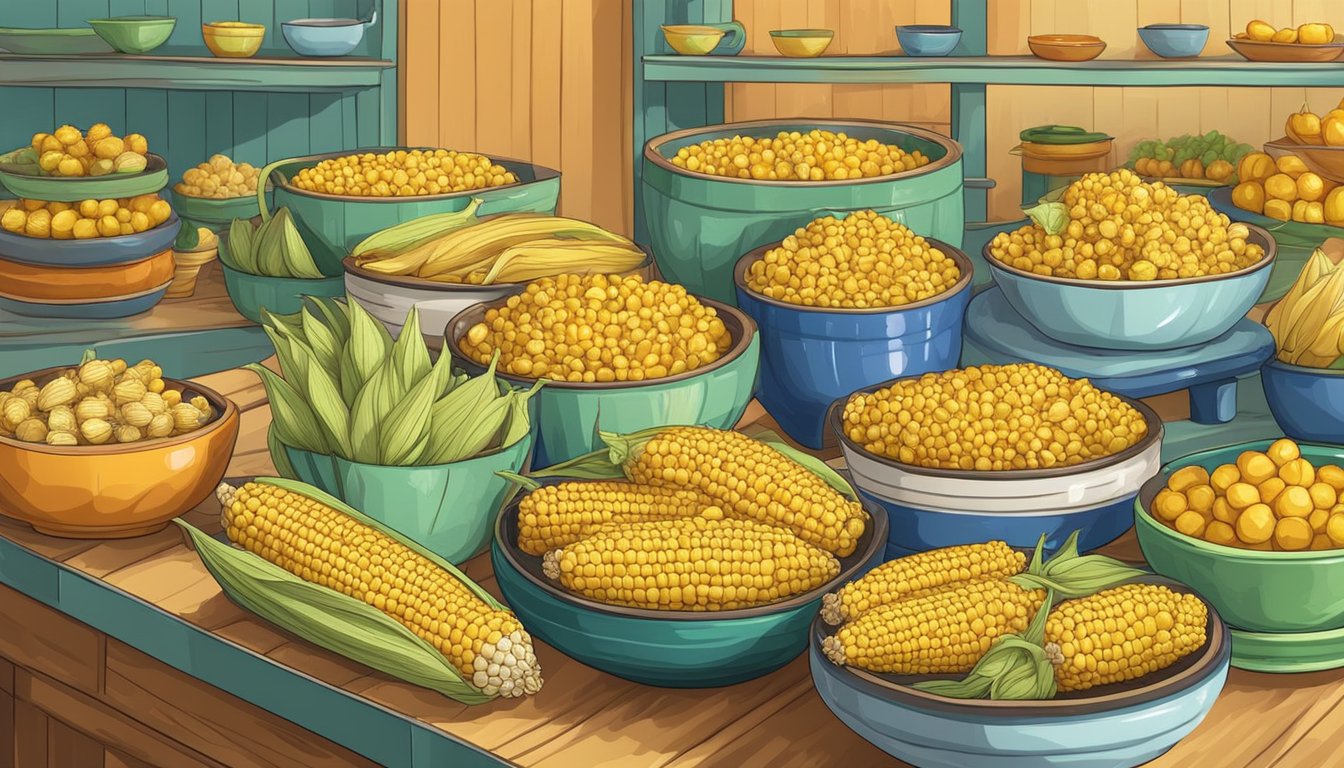 A table with various ceramic corn on the cob dishes displayed in a colorful and well-lit kitchenware store