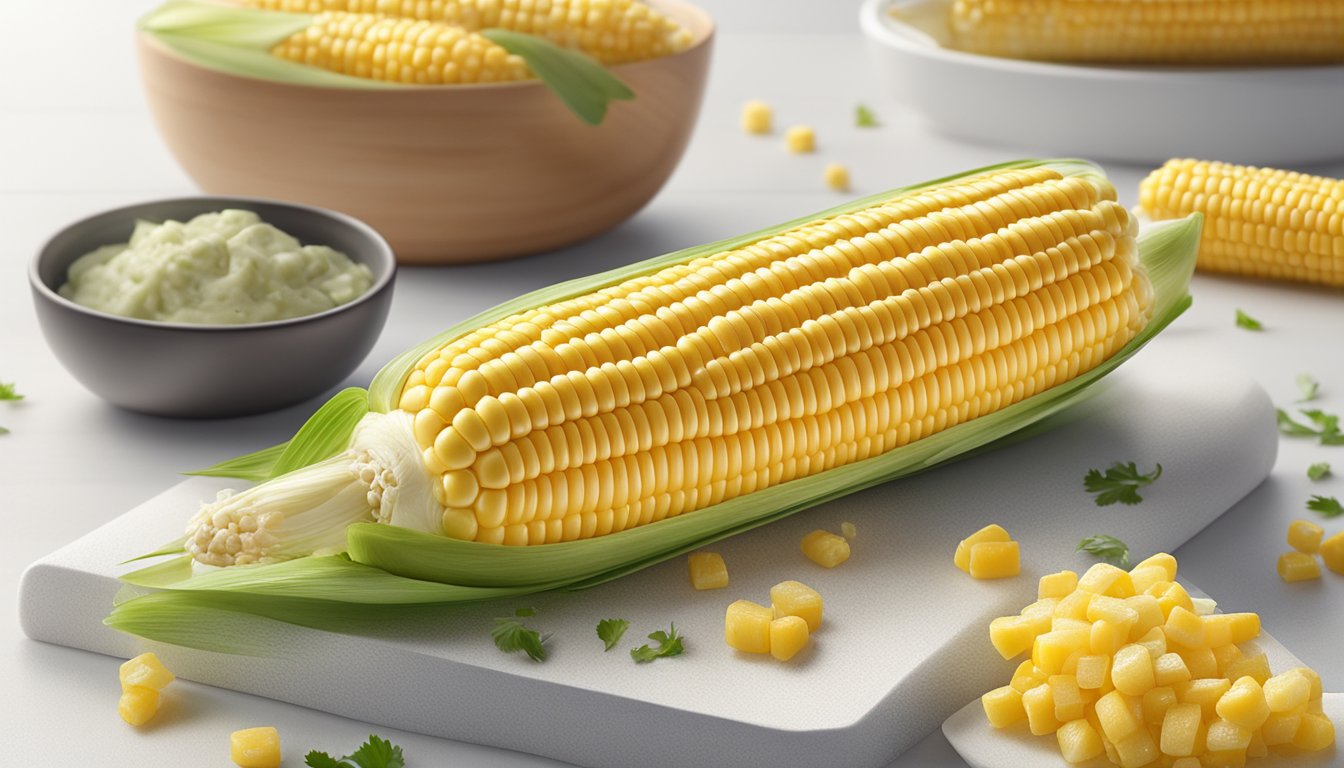 Two corn on the cob holders on a clean, white surface with a logo in the background