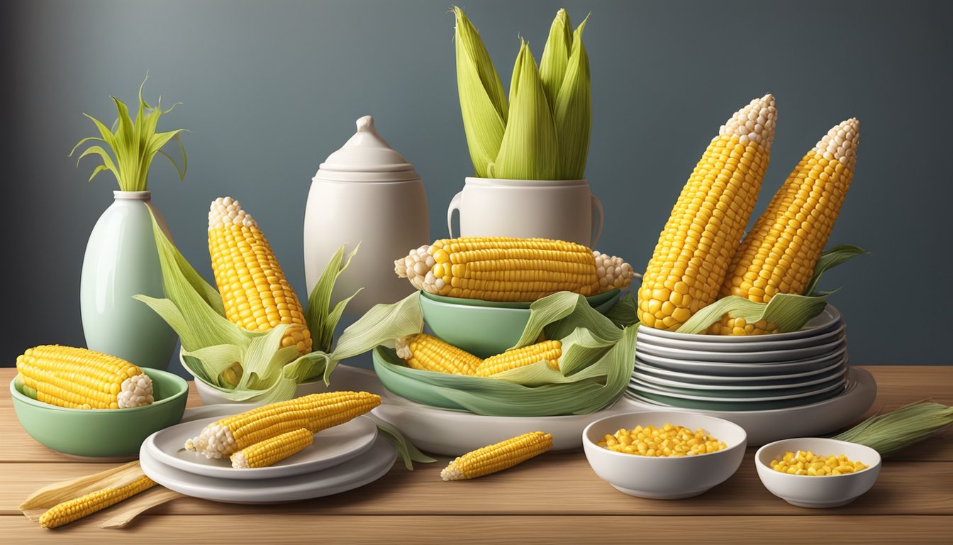 A set of ceramic corn on the cob dishes arranged neatly on a wooden table, surrounded by care and maintenance instructions