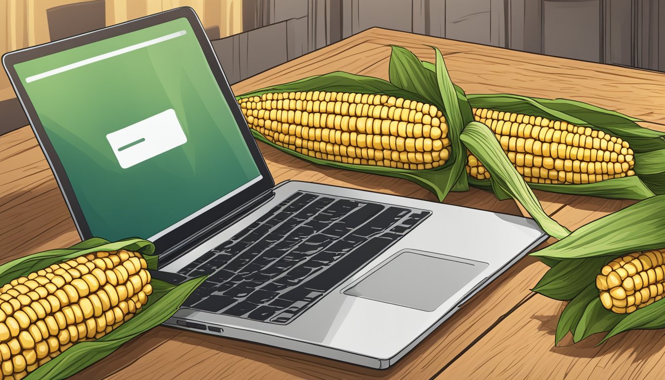 A set of corn on the cob holders arranged on a wooden table, with a laptop open to an online privacy policy displayed in the background