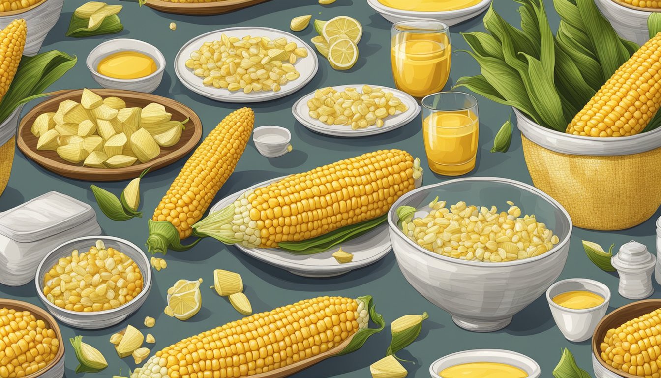 A table with various ceramic dishes showcasing innovative uses of corn on the cob as the main ingredient