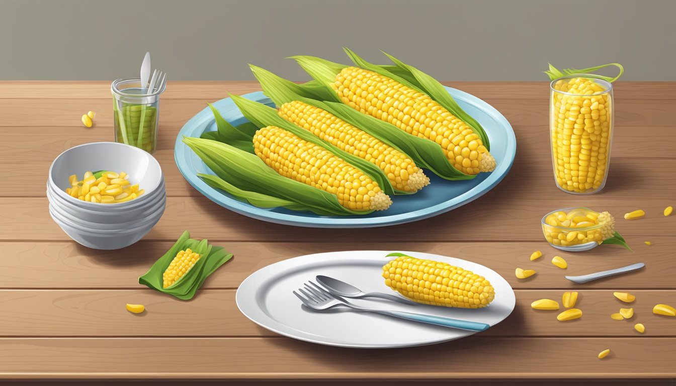 A set of plastic corn on the cob dishes arranged on a table with utensils