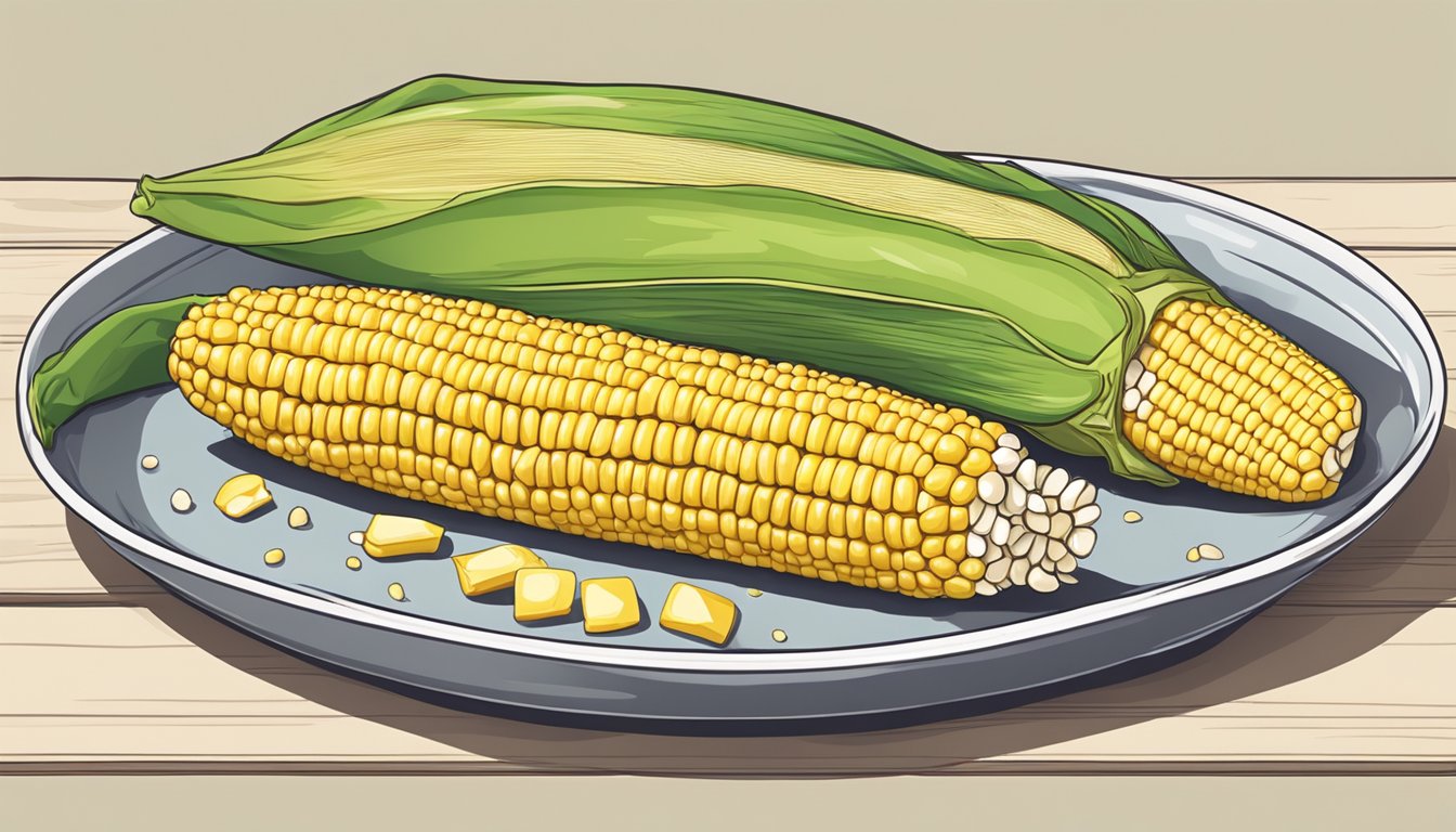 Two plastic dishes with corn on the cob, one whole and one partially eaten, arranged on a table for serving