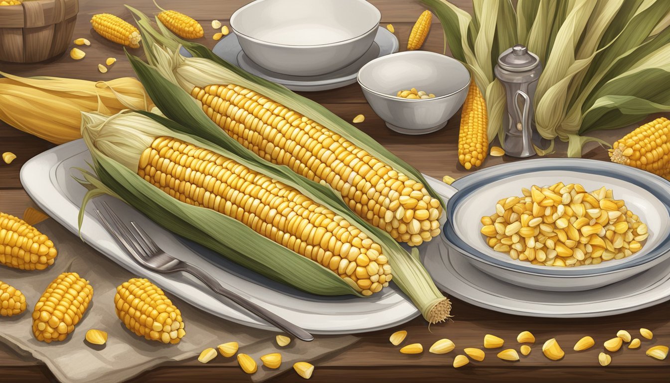 A table set with ceramic corn on the cob dishes, surrounded by scattered corn husks